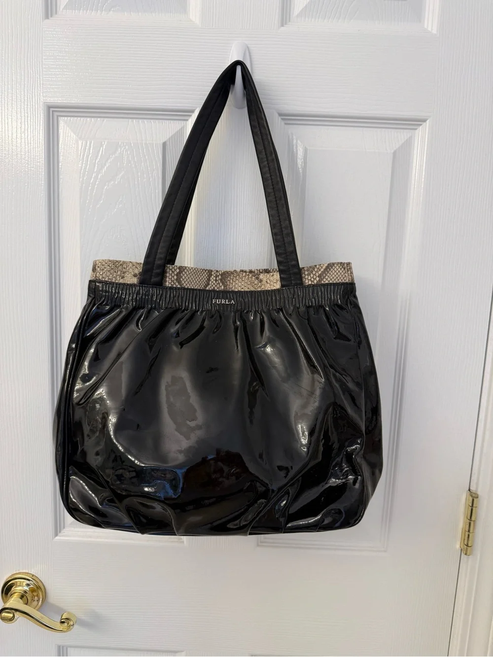 Furla Black Patent Tote with Snakeskin-Accent Trim